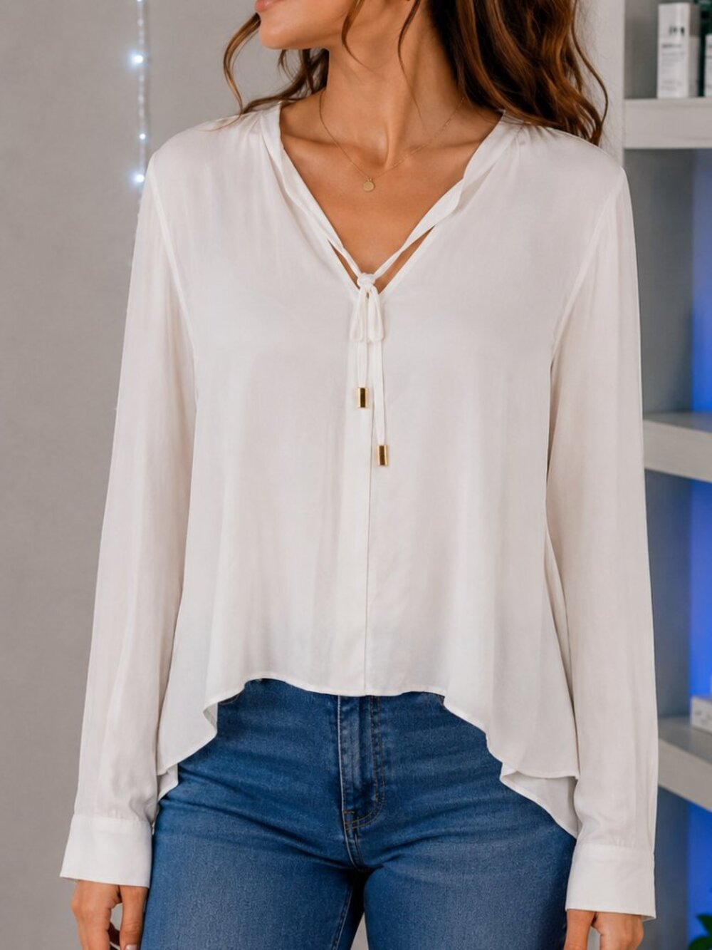 Halston White Long Sleeve Tie-Neck Blouse XL